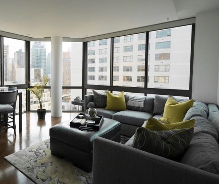 A living room with a couch and a coffee table
