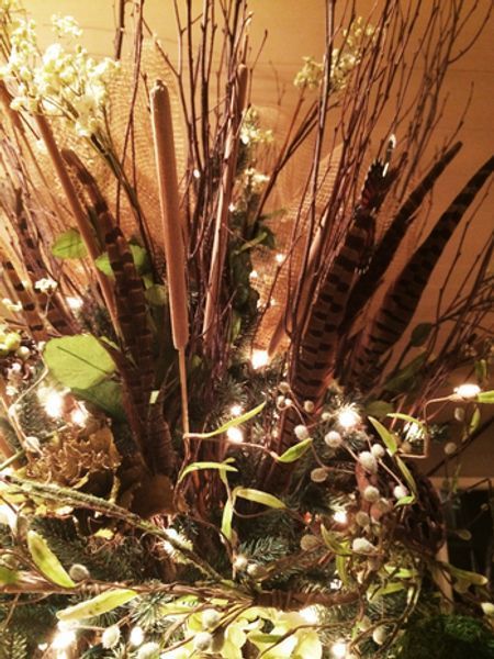 A close up of a plant with feathers and lights