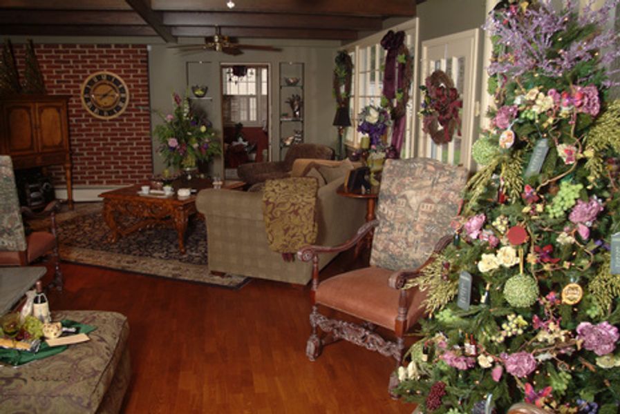 There is a christmas tree in the middle of the living room