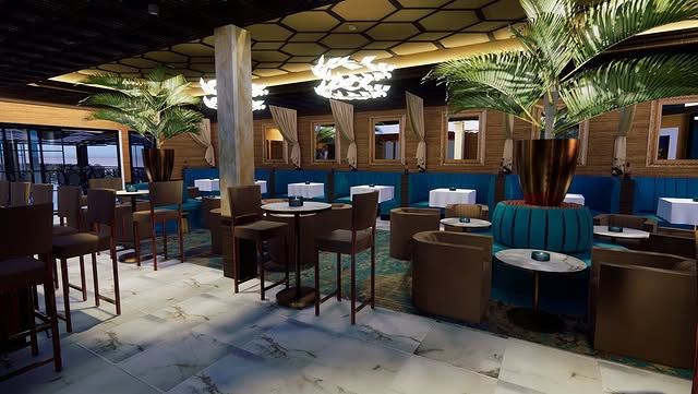 An artist 's impression of a restaurant with tables and chairs.