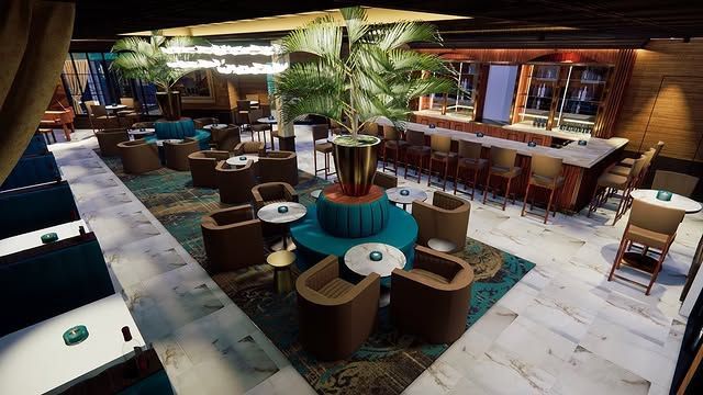 An aerial view of a restaurant with tables and chairs and a bar.