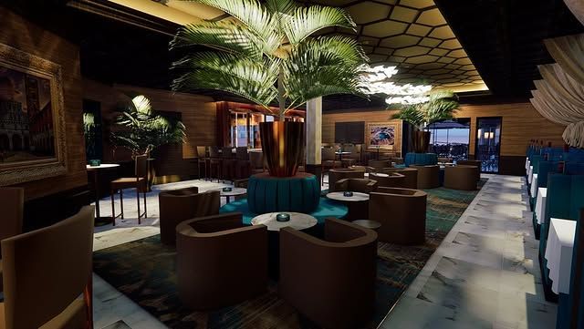 A large room with lots of chairs and tables and a palm tree in the middle.