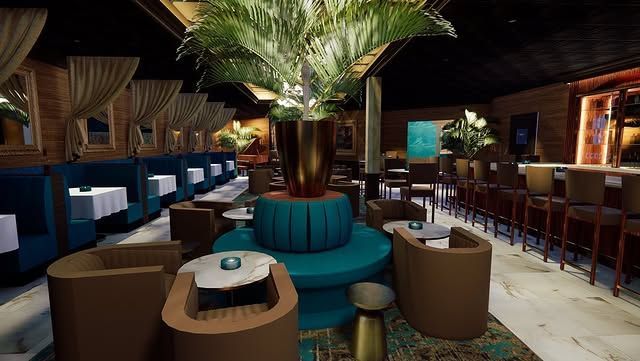 An artist 's impression of a restaurant with tables , chairs , and a palm tree.