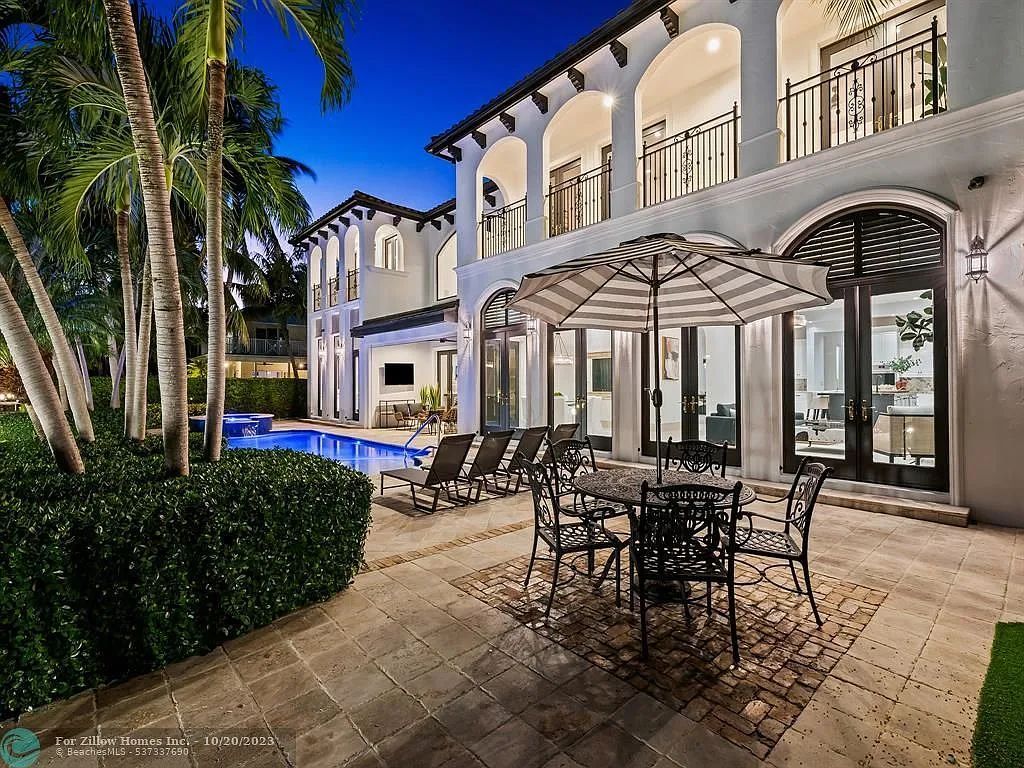The backyard of a large house with a table and chairs and umbrellas.