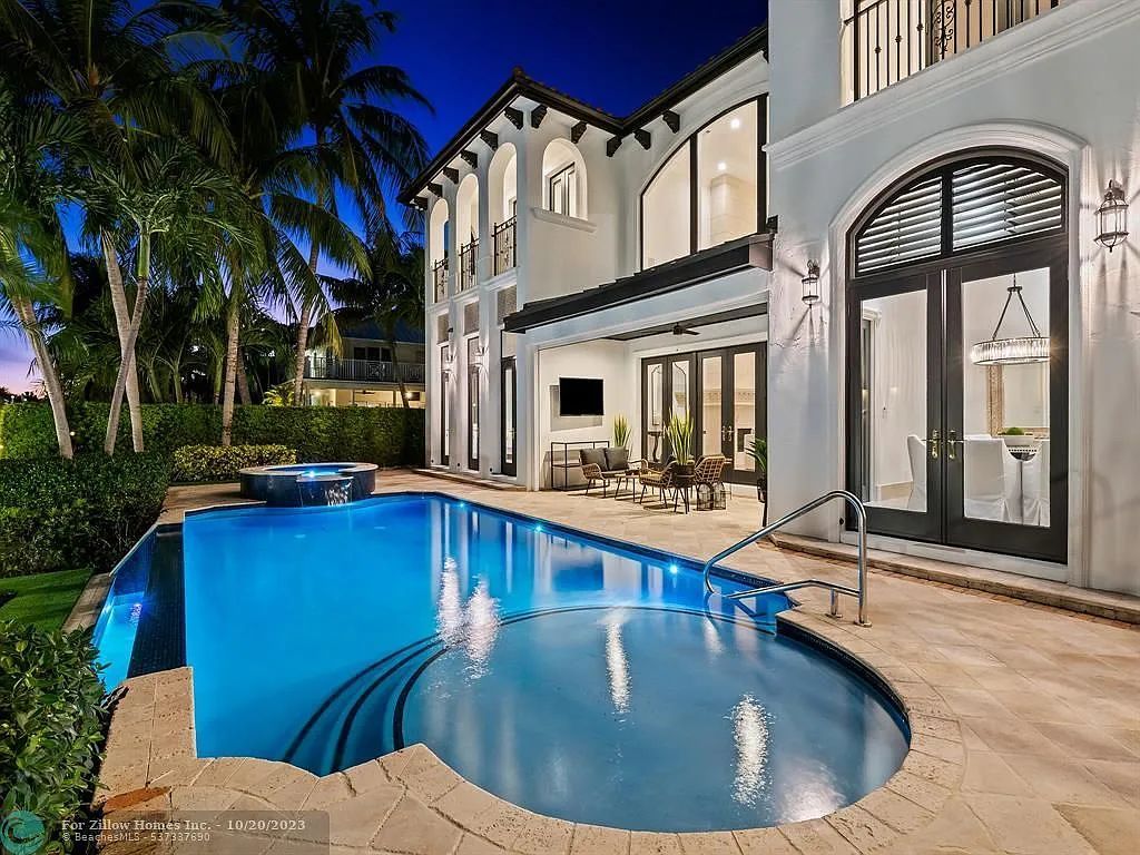 A large house with a large swimming pool in front of it.