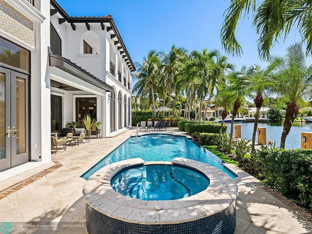 A large house with a large swimming pool and a hot tub in front of it.