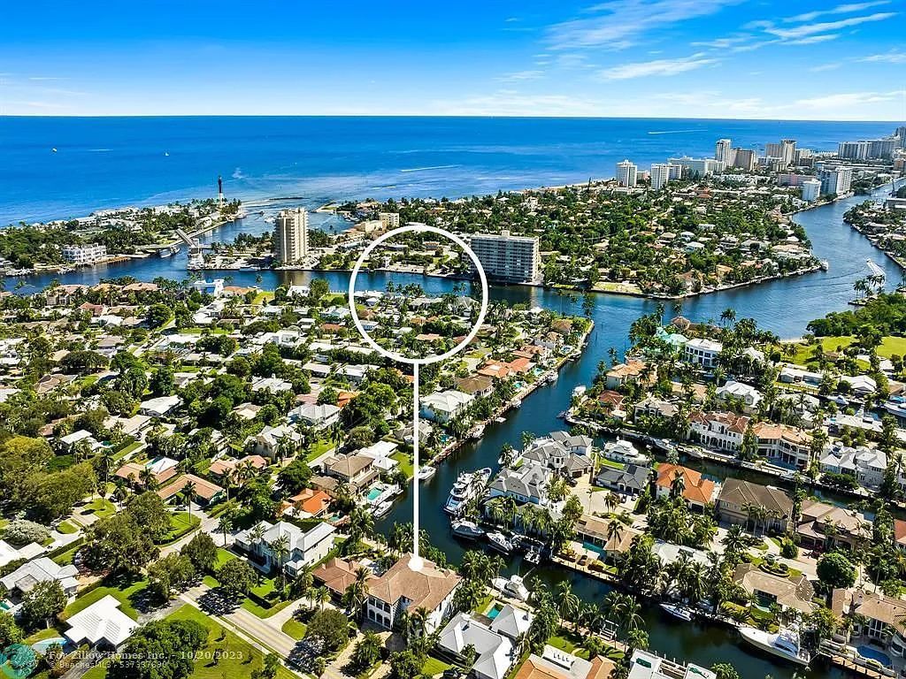 An aerial view of a residential area with a river running through it.