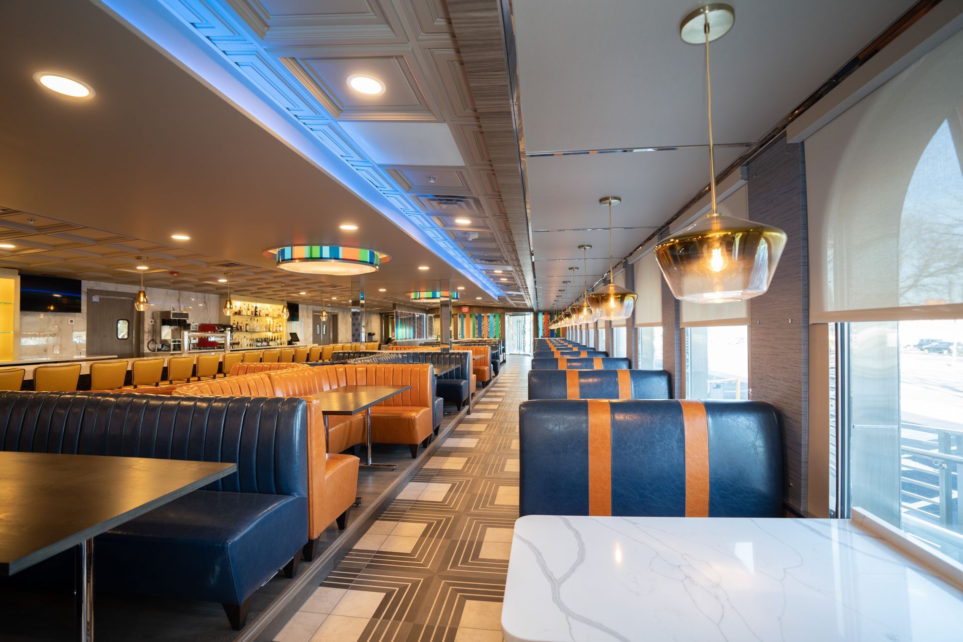 There are a lot of tables and benches in this diner.