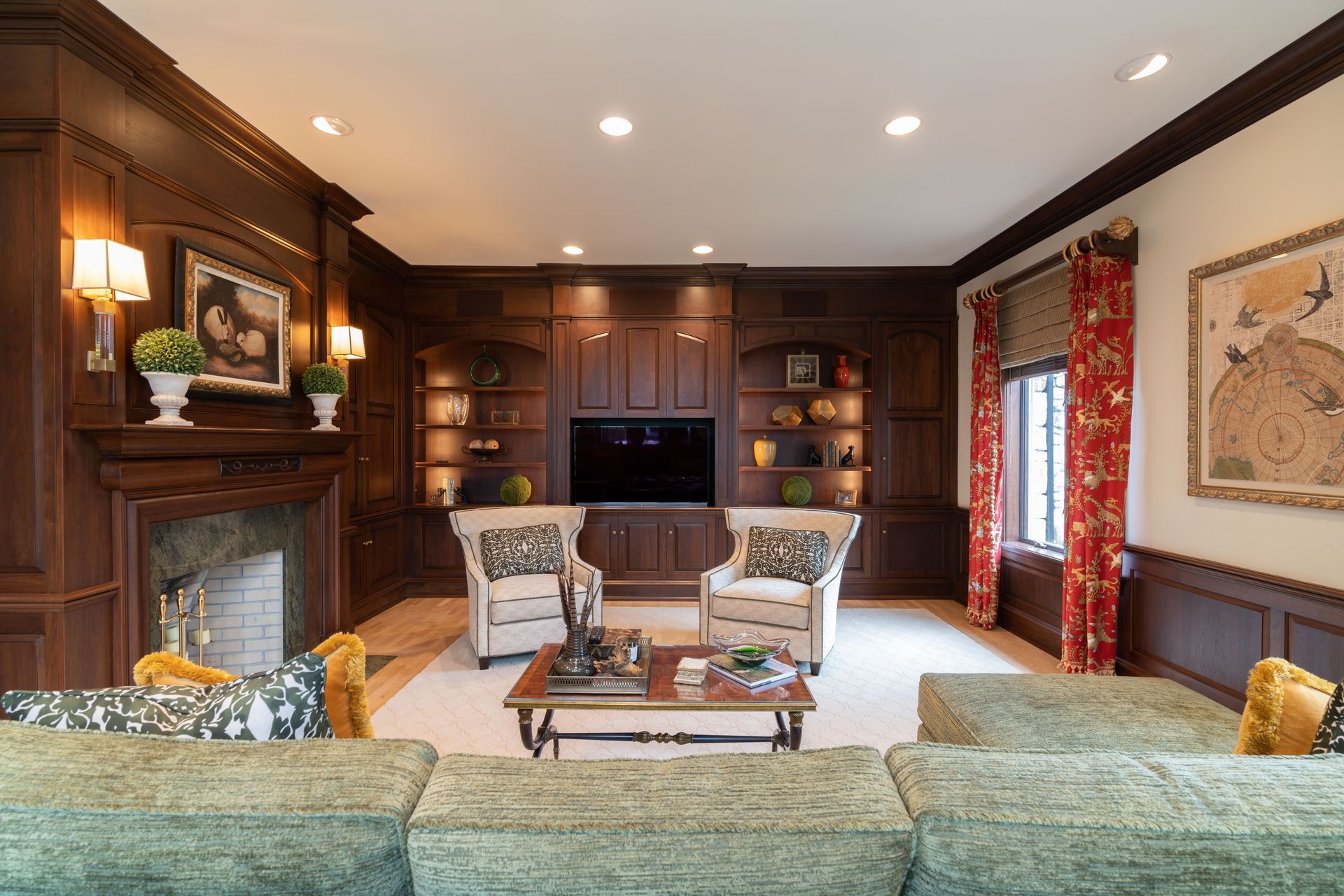 A living room filled with furniture and a fireplace.