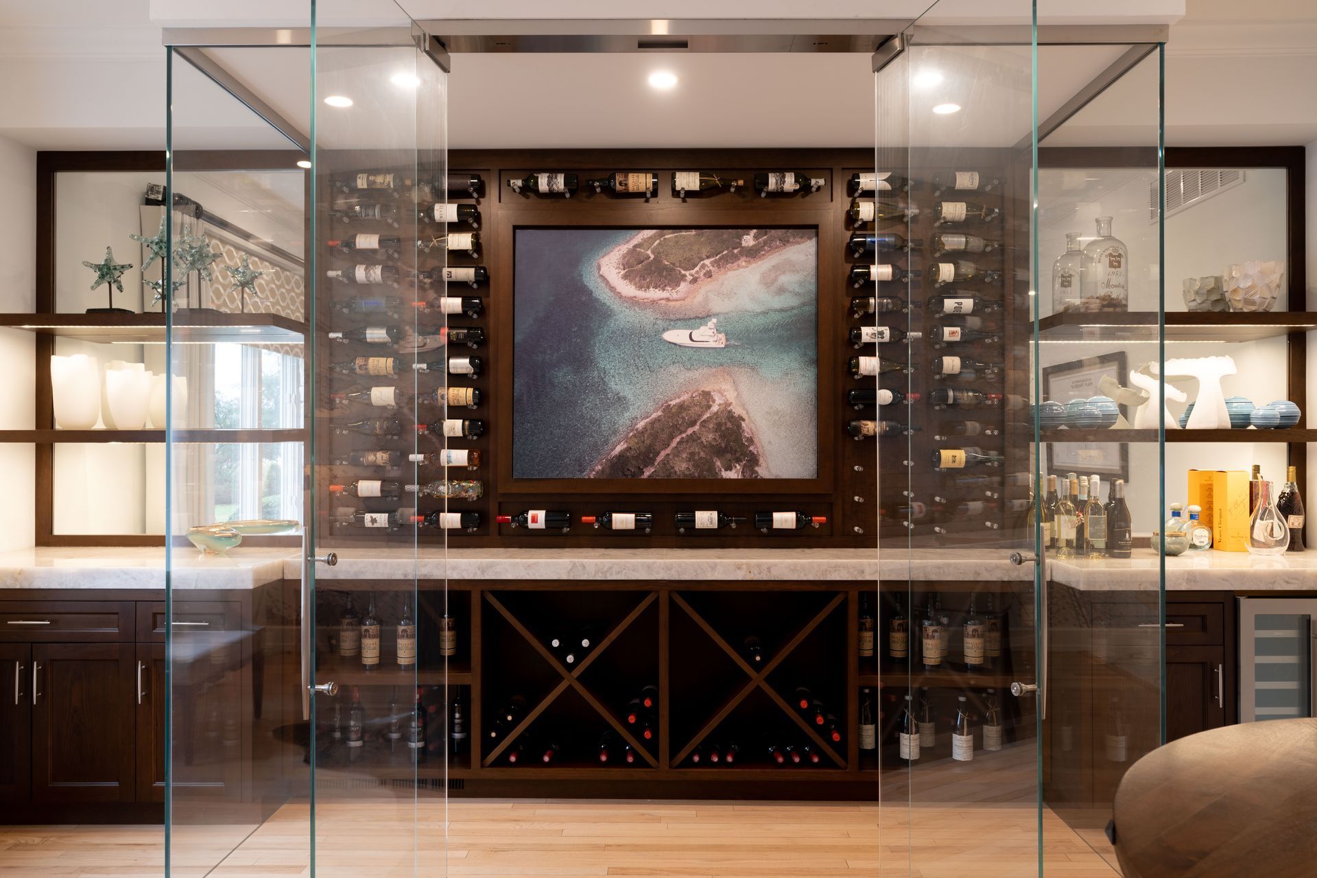 A wine cellar with a large picture on the wall