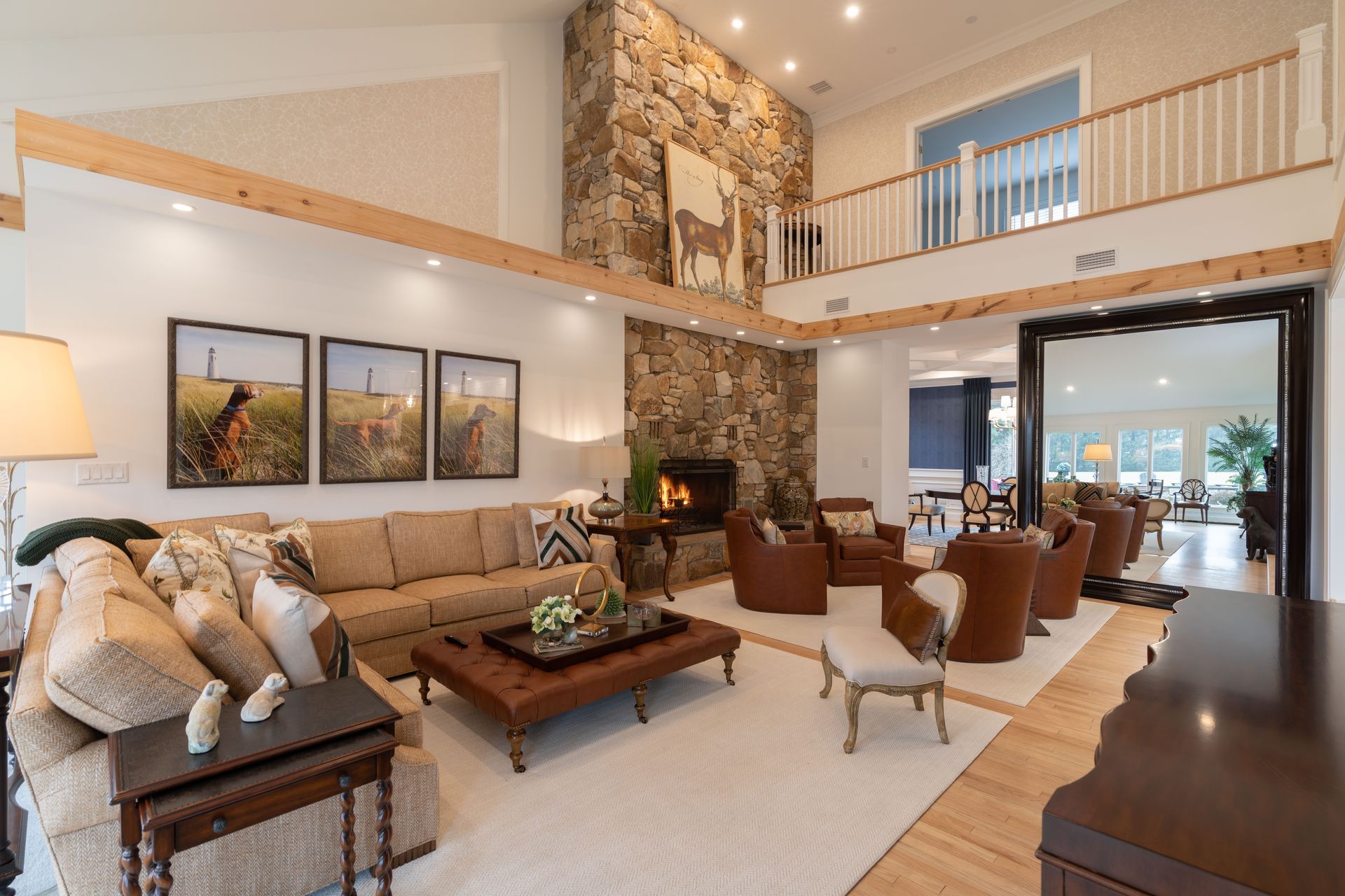 A living room filled with furniture and a fireplace