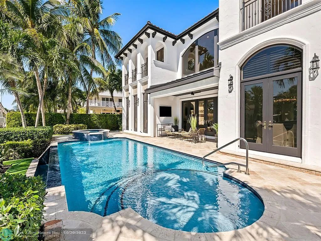 A large white house with a large swimming pool in front of it.