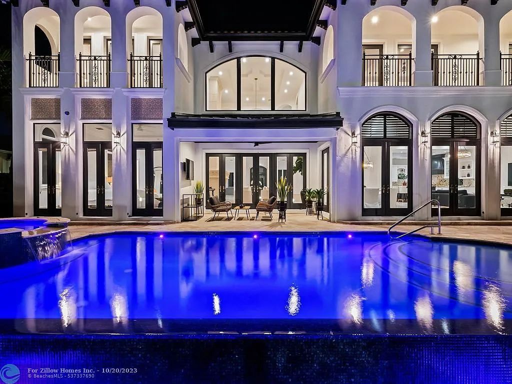 A large house with a large swimming pool in front of it.