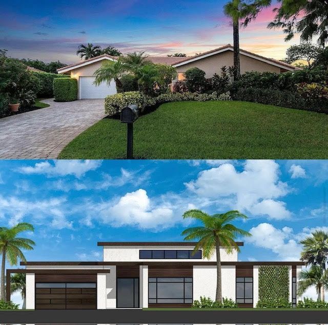 A before and after picture of a house with palm trees