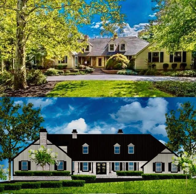 A before and after picture of a house with a black roof