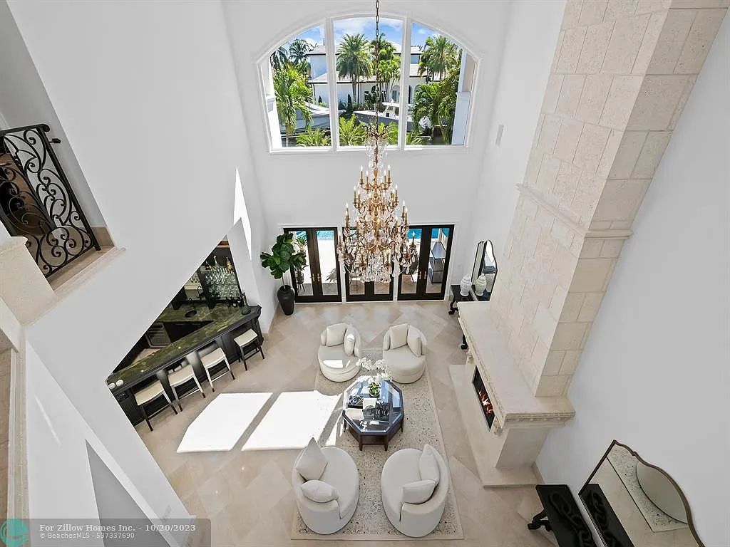 An aerial view of a living room with a fireplace and a piano.