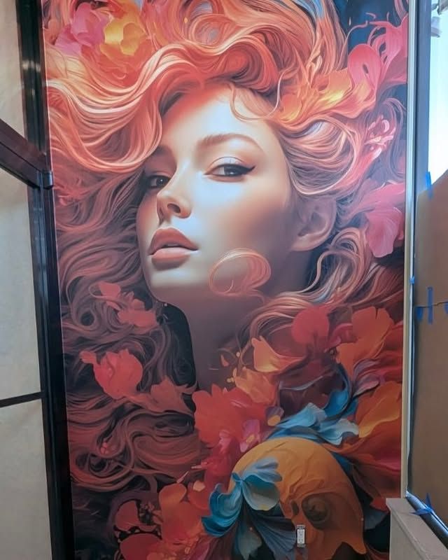 A painting of a woman with long red hair