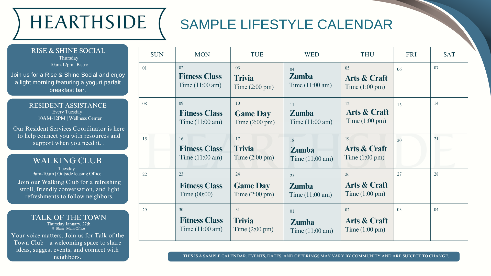 Hearthside “Sample Lifestyle Calendar” infographic with blue sidebar and weekly schedule grid on white background