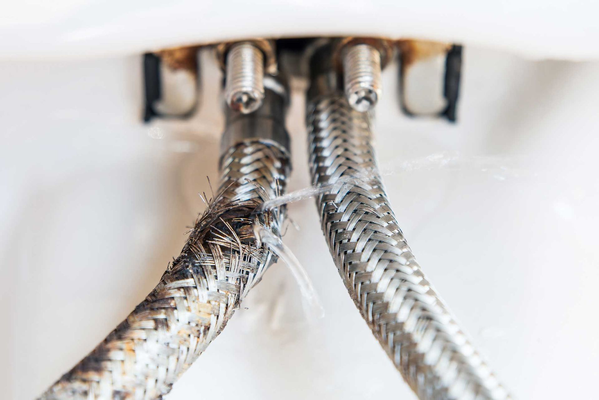 Close-up of two braided metal plumbing hoses under a sink, one damaged and leaking water.