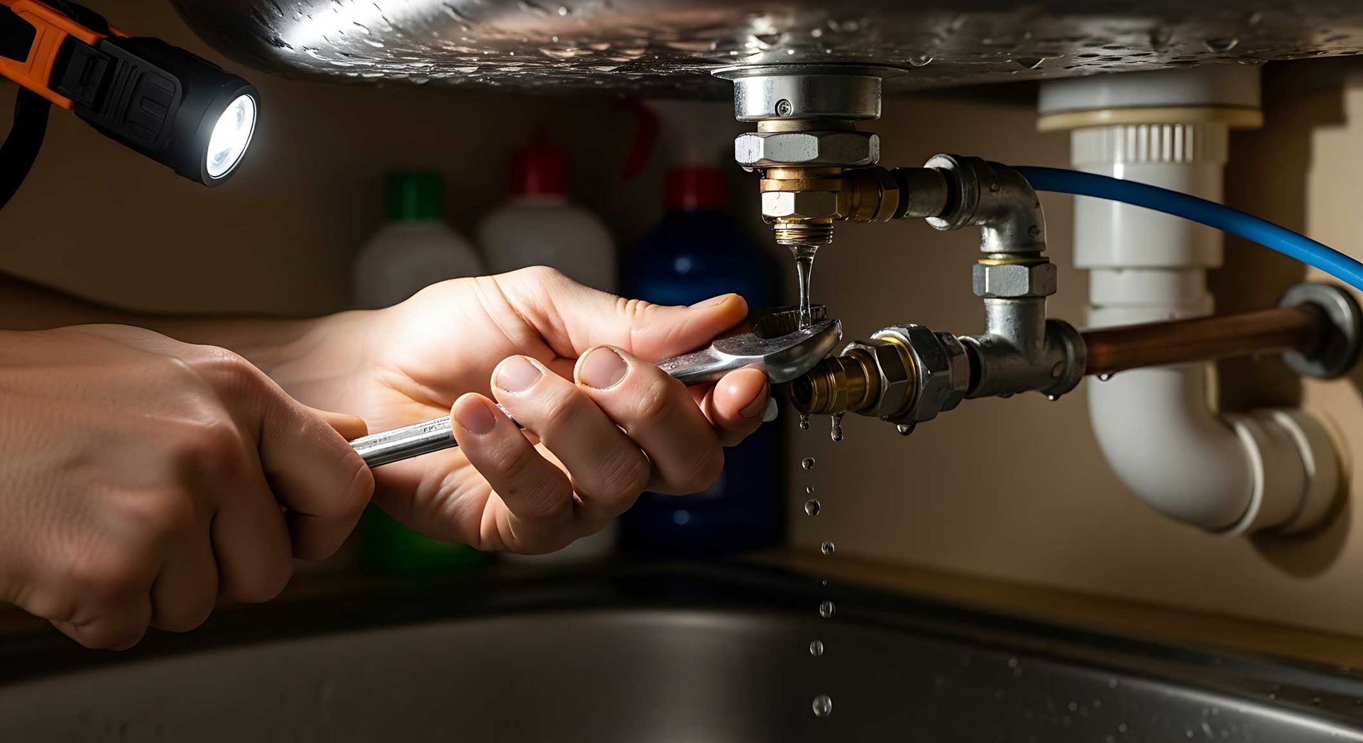 Hands tightening a pipe fitting under a sink with a wrench in a dimly lit cabinet