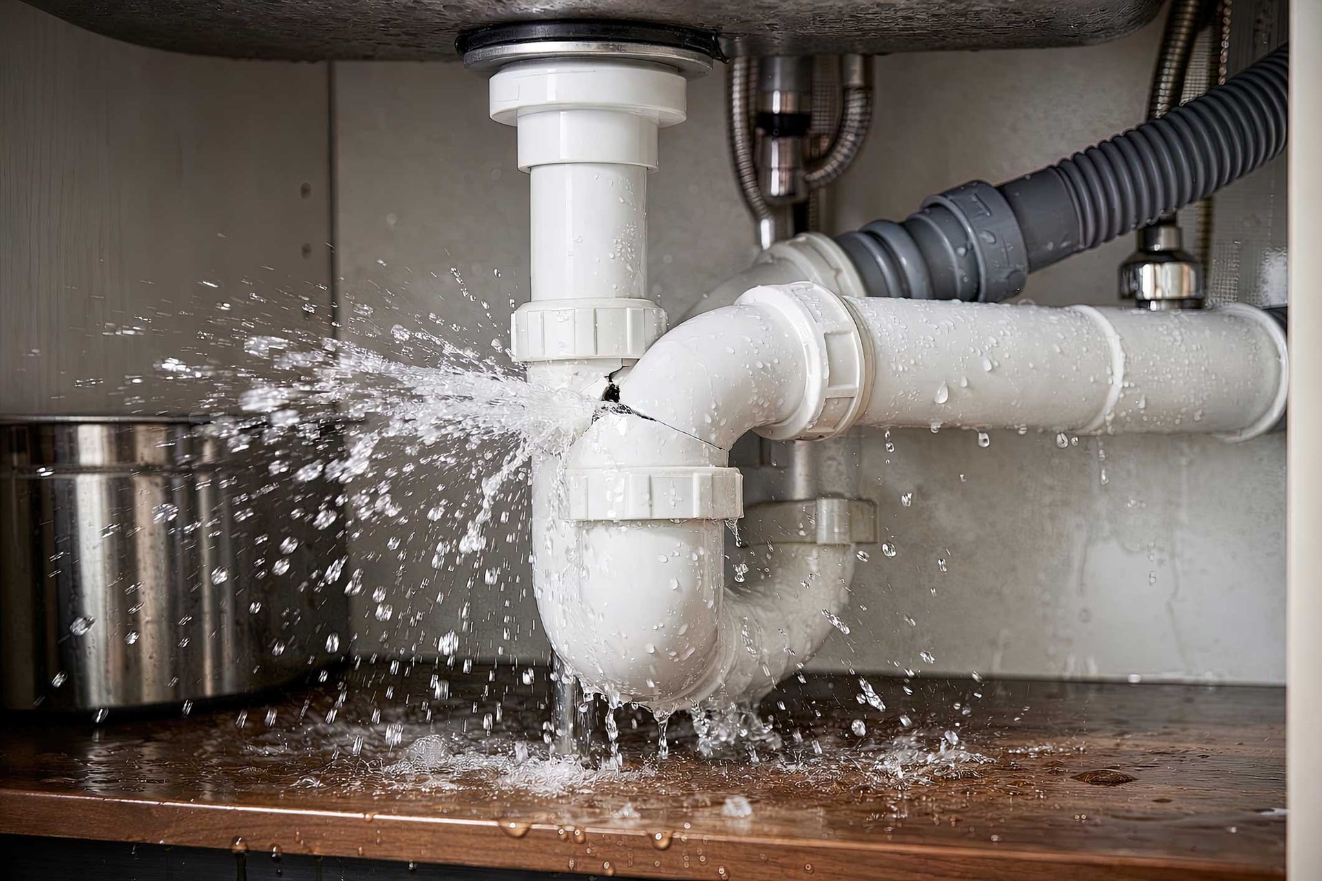 Leaking white sink drain pipe under a cabinet, spraying water onto the floor