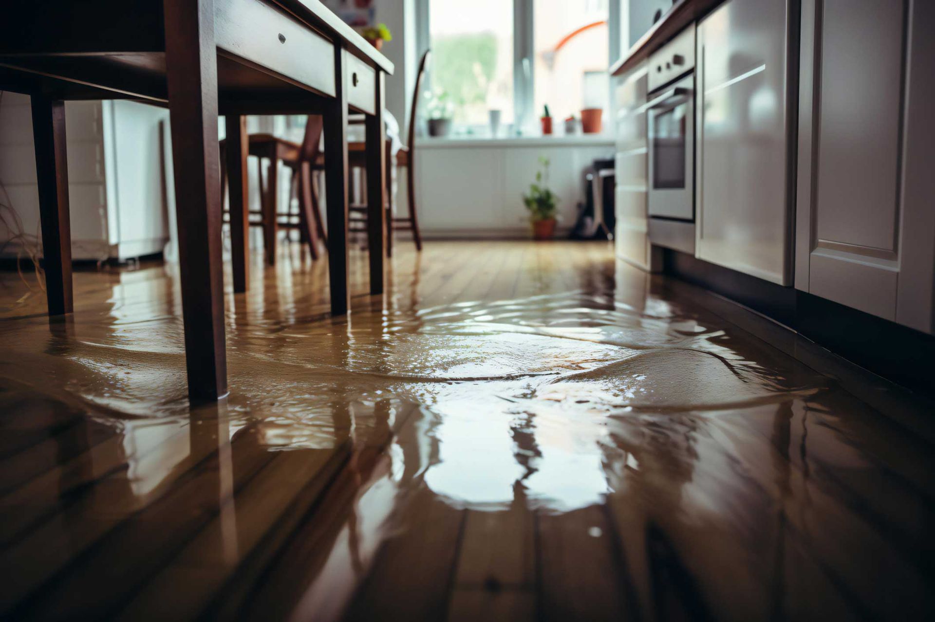 Flooded kitchen floor with water reflecting cabinets and table legs
