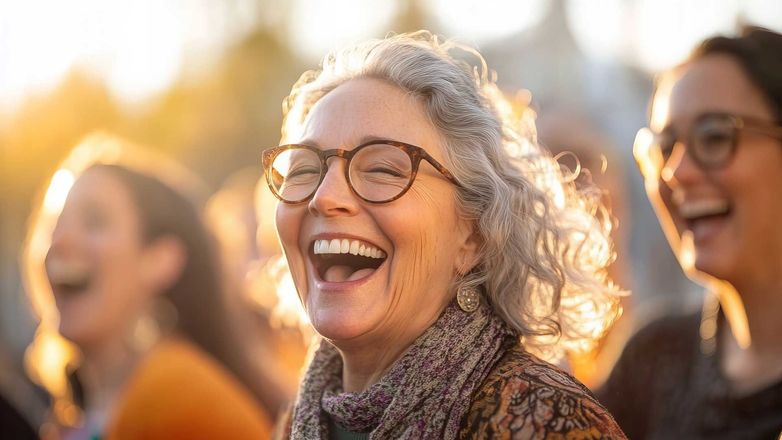 Woman with gray hair, glasses, laughing heartily outdoors with friends in the warm sunlight.