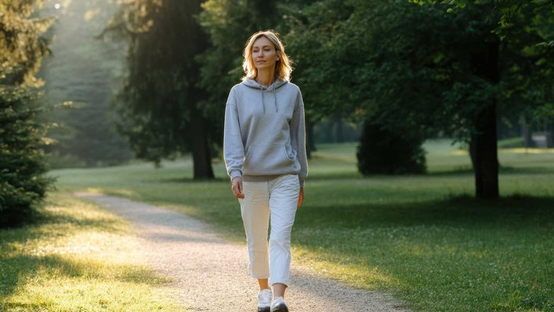 Woman walking on a path in a park, wearing a gray hoodie and white pants.