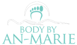 A logo for body by ann-marie with a footprint in the middle