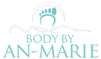 A logo for body by ann-marie with a footprint in the middle