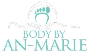 A logo for body by ann-marie with a footprint in the middle