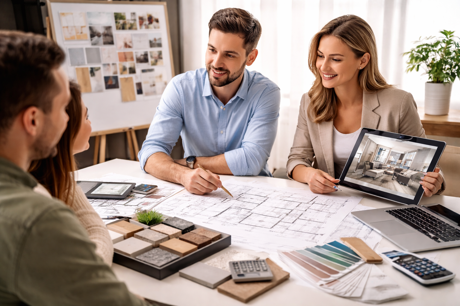 Persone in un ufficio che esaminano i progetti; una donna mostra il rendering di una stanza su un tablet.
