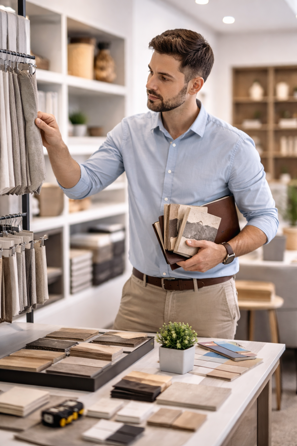 Uomo che esamina campioni di tessuto in uno studio di design, tenendo in mano i campioni e osservando l'esposizione.