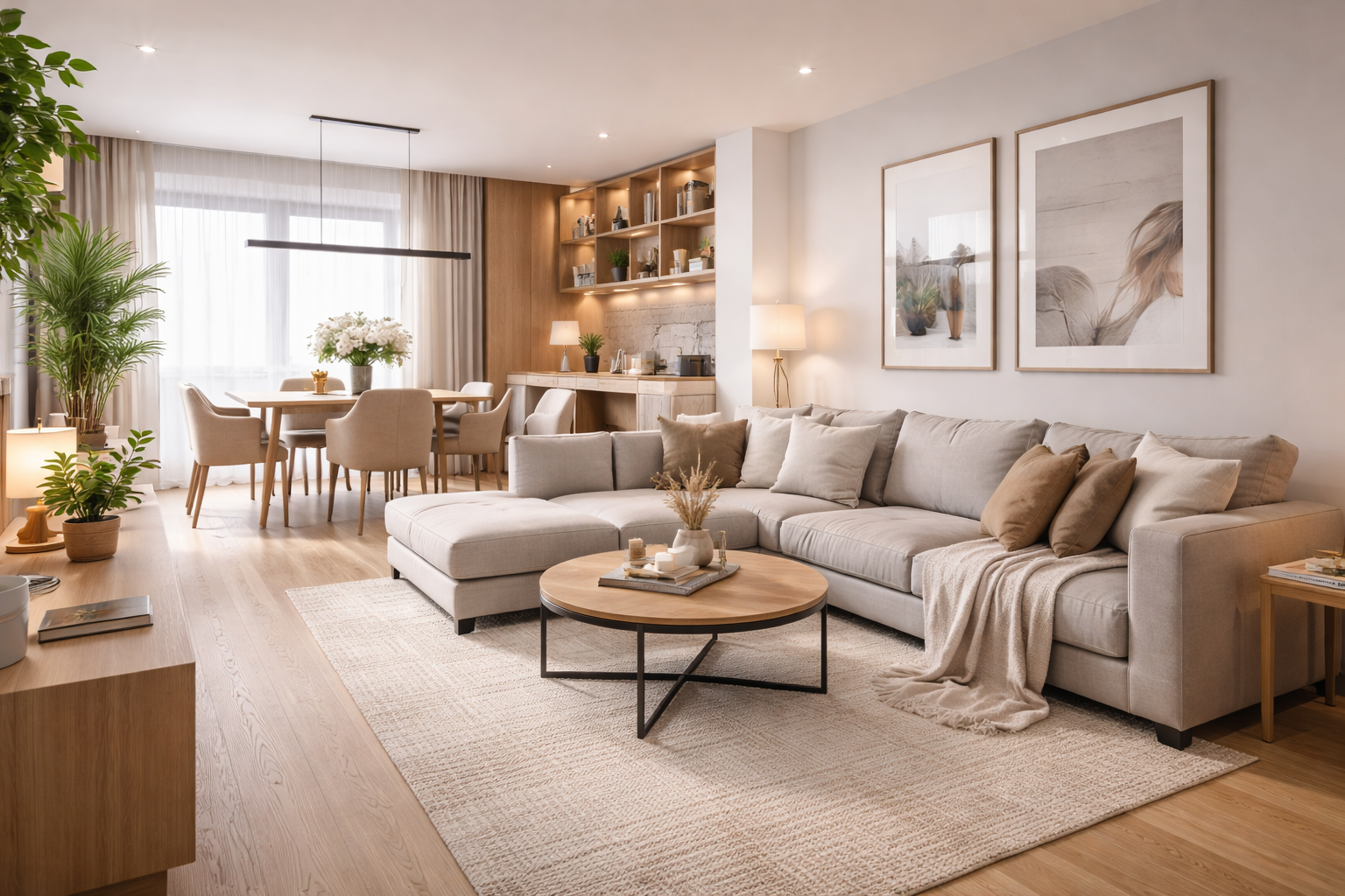 Accogliente soggiorno con divano componibile dai colori chiari, tavolino rotondo, zona pranzo e arredamento neutro.