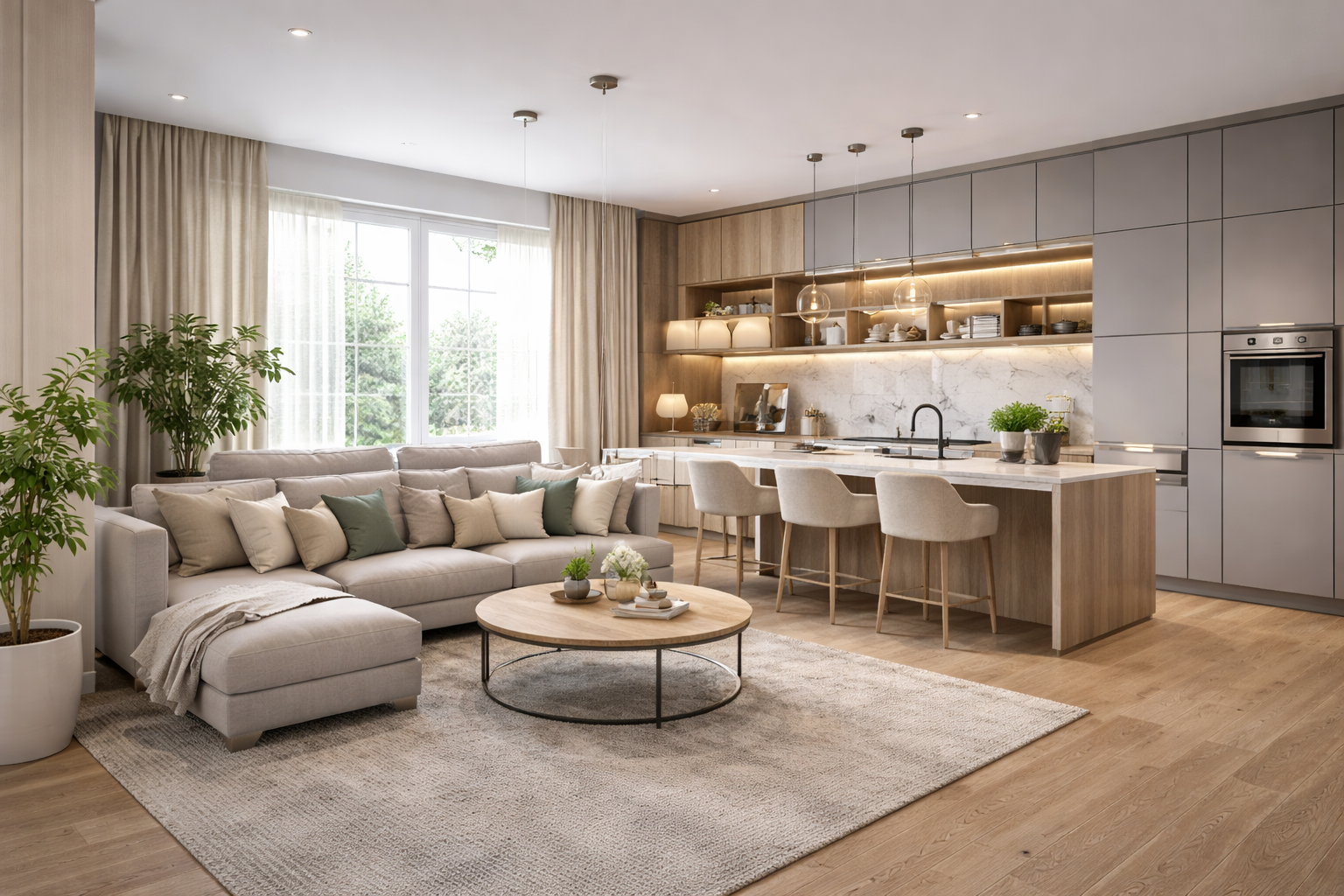 Soggiorno e cucina con divano componibile di colore chiaro, pavimenti in legno e isola con sgabelli da bar.