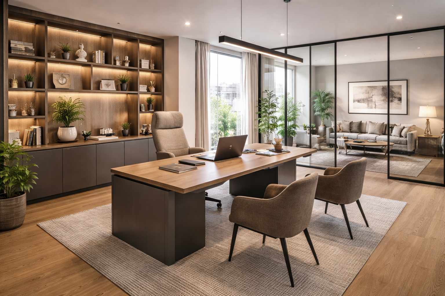 Lussuoso ufficio con scrivania, sedie, scaffali e una zona lounge con pareti in vetro e divano.