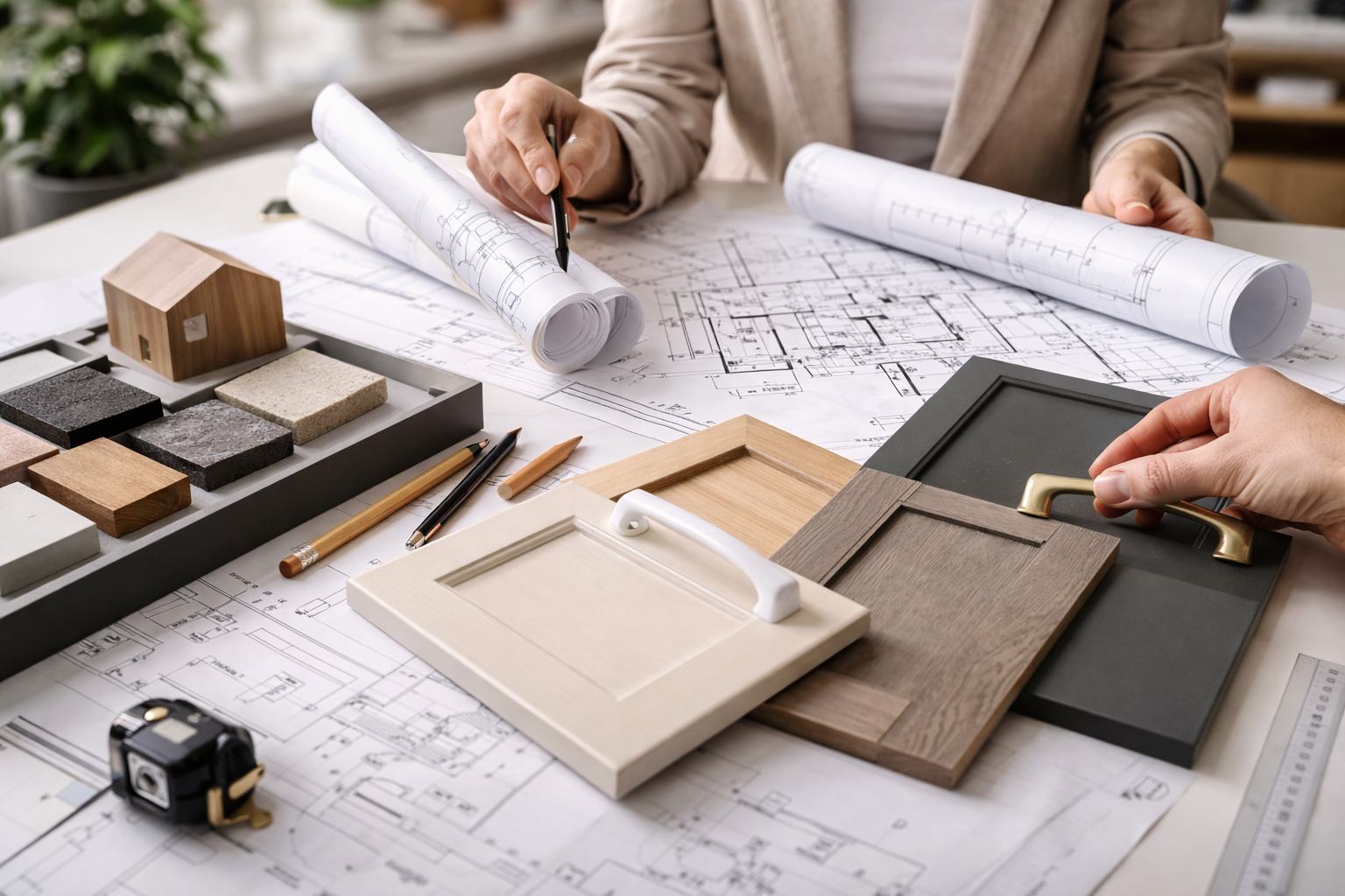 Persone che esaminano progetti architettonici, campioni di colori e campioni di ante di armadi su una scrivania.
