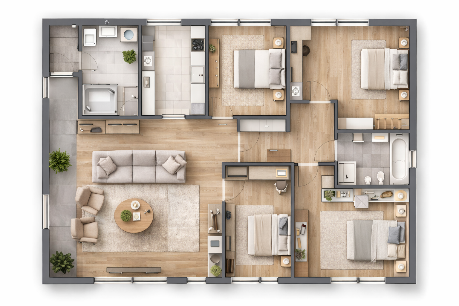 Planimetria di un appartamento moderno con tre camere da letto, due bagni, zona giorno e cucina.