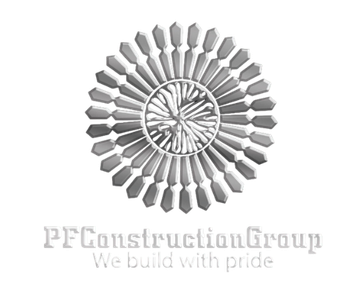 Logo for PF Construction Group: Metallic sunburst design with company name and tagline