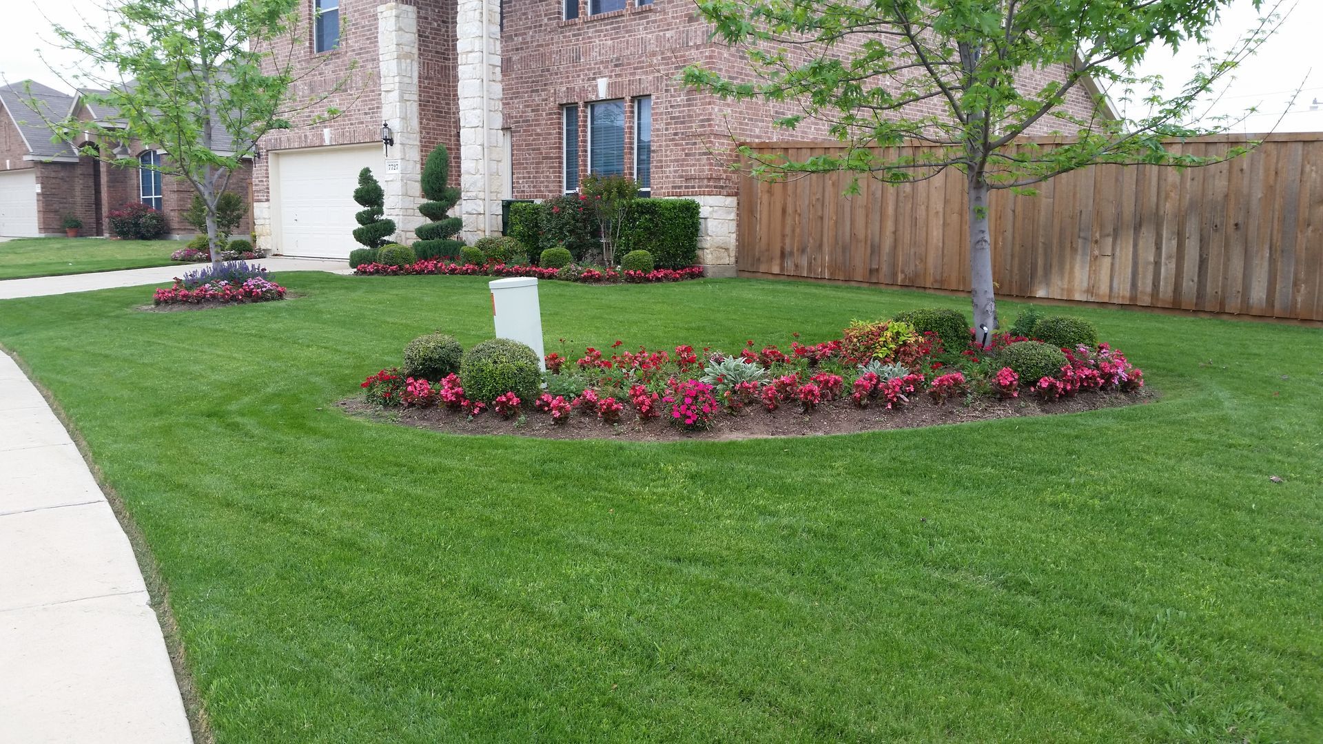 A lush green lawn with flowers in the middle of it in front of a house.
