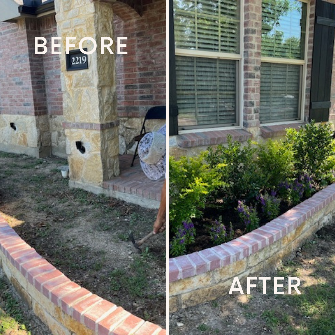 A before and after photo of a brick planter