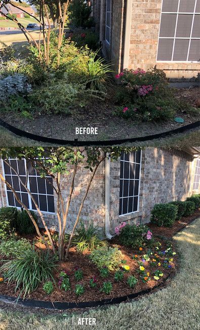 A before and after picture of a garden in front of a house.