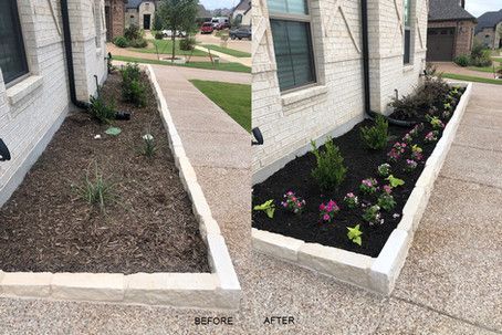 A before and after picture of a garden in front of a house.
