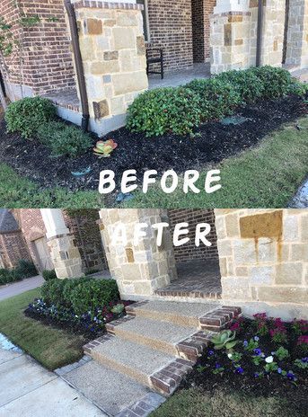A before and after picture of a brick house with flowers in front of it.