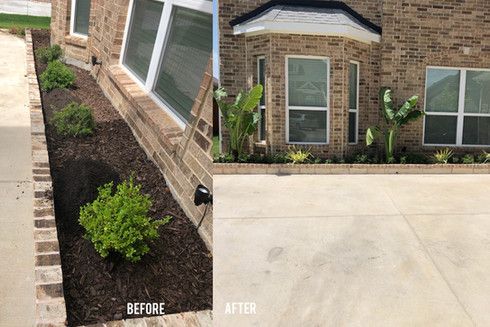 A before and after picture of a brick house with a garden in front of it.