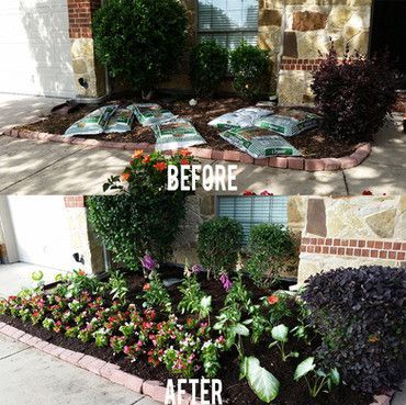 A before and after picture of a garden in front of a house.