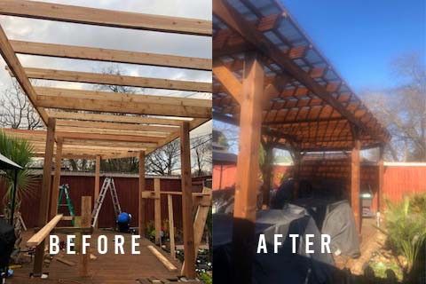 A before and after picture of a wooden pergola being built.