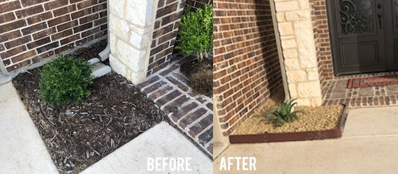 A before and after photo of a brick house.