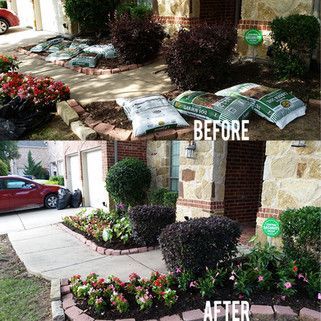 A before and after picture of a landscaping project in front of a house.