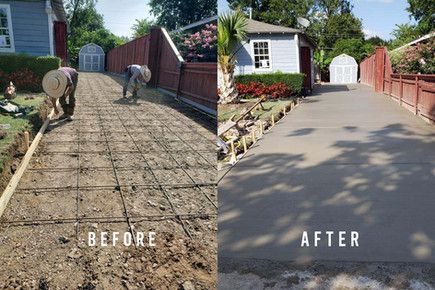 A before and after photo of a concrete driveway being built.